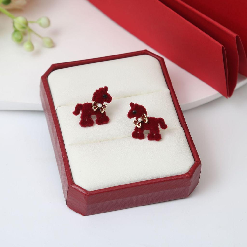 Year of the Horse 925 Sterling Silver Diamond Enamel Stud Earrings with Pearls - Retro High-End Design