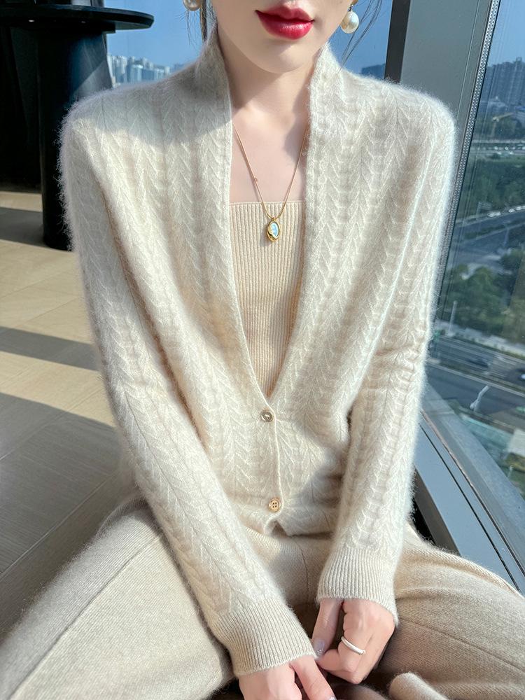 Women's High-End Slim Fit Wool Cardigan Sweater with Scarf Collar