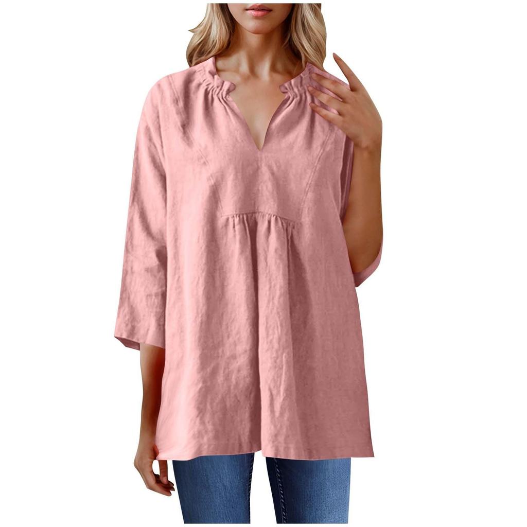 Women's Casual Loose Cotton Linen Solid Color Seven Quarter Sleeve Pleated V-Neck Shirt Top