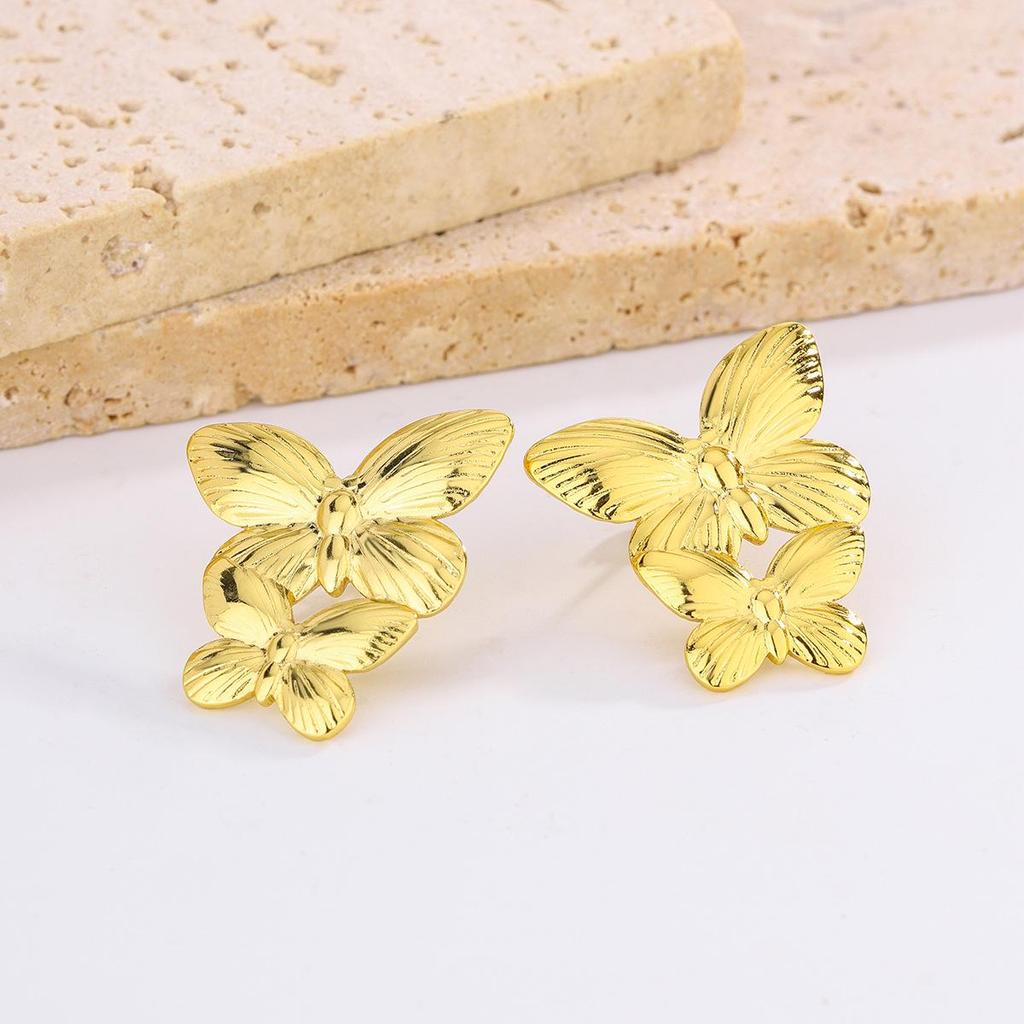 18K Gold Plated Titanium Steel Earrings with Butterfly, Flower, and Bowknot Designs