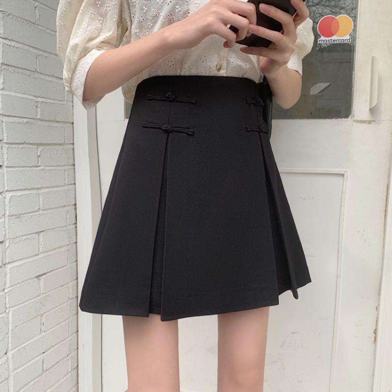 2023 Spring/Summer Black Chinese Style A-line Slimming High Waist Midi Skirt for Women
