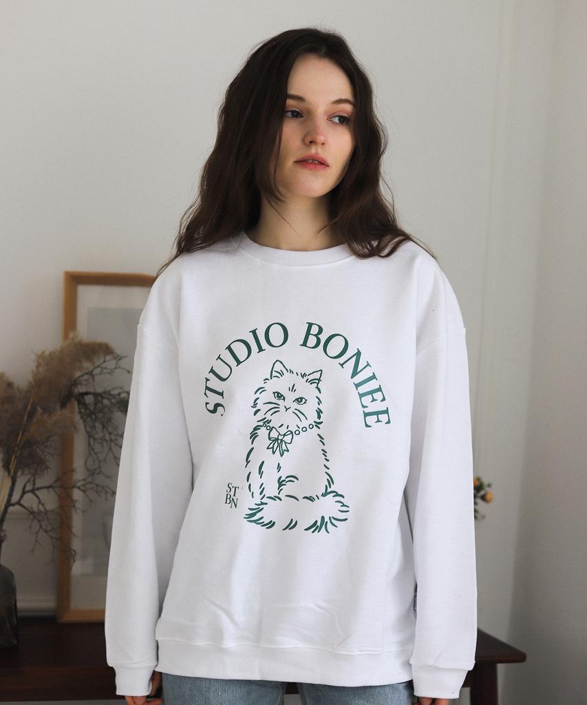 BONIEE [Fleece Lined] New Cat Symbol Cat Oversized Sweatshirt White