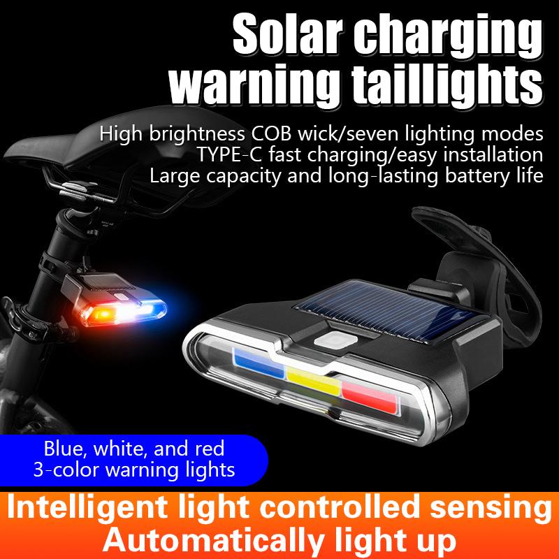 Solární přední světlo na kolo s vysoce svítivými COB LED diodami, 7 režimů, přední světlo, bezpečnostní výstražná zadní světla, vodotěsné zadní světlo na kolo