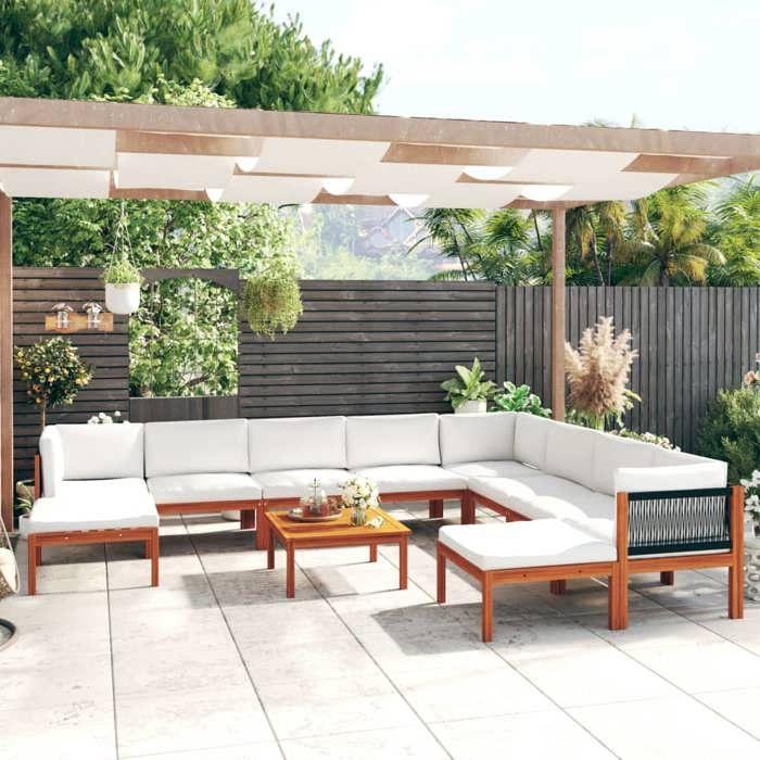 VidaXL Salon de jardin 11 pièces avec coussins, bois d'acacia crème et corde 3057893