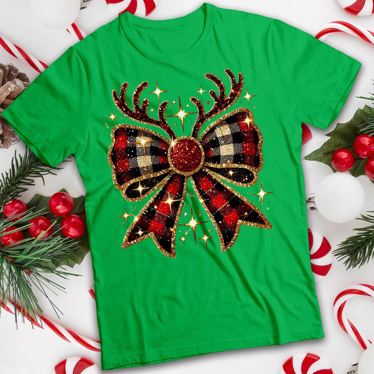 Mens and Womens Reindeer Bow Christmas T-Shirt Tee for Adults #MC S