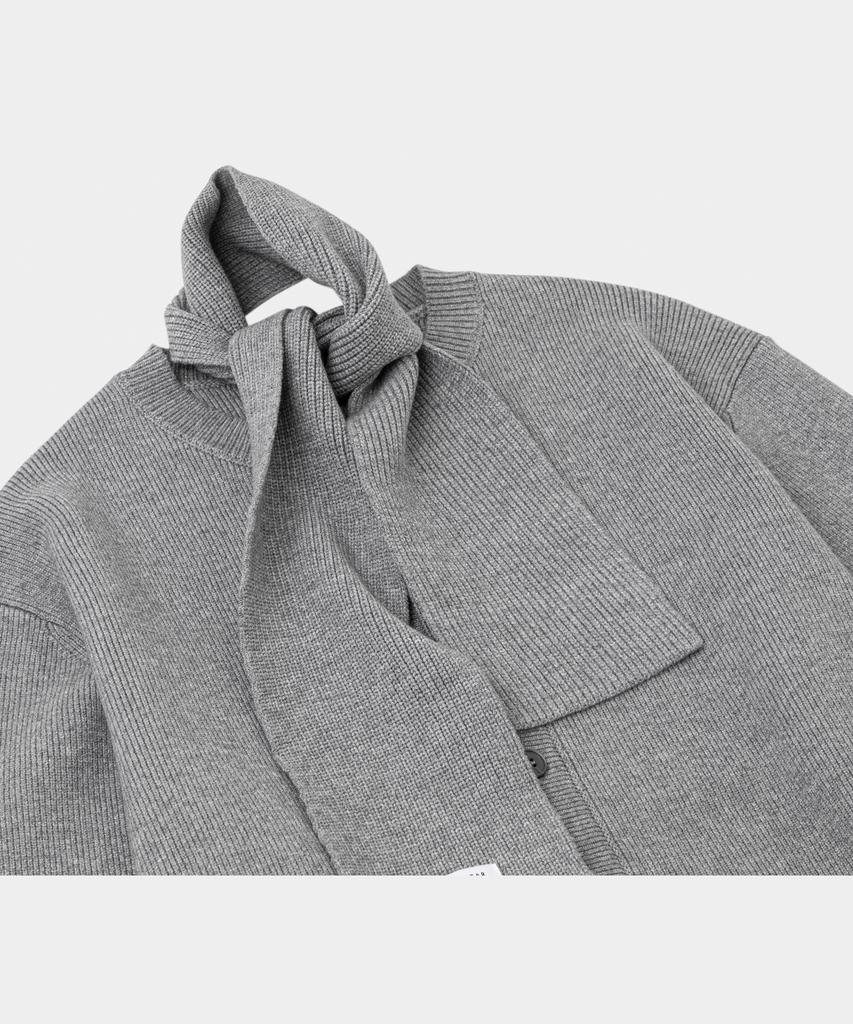 LETTERCOMO [Free Scarf] Essential Plain Round Knit Cardigan Gray