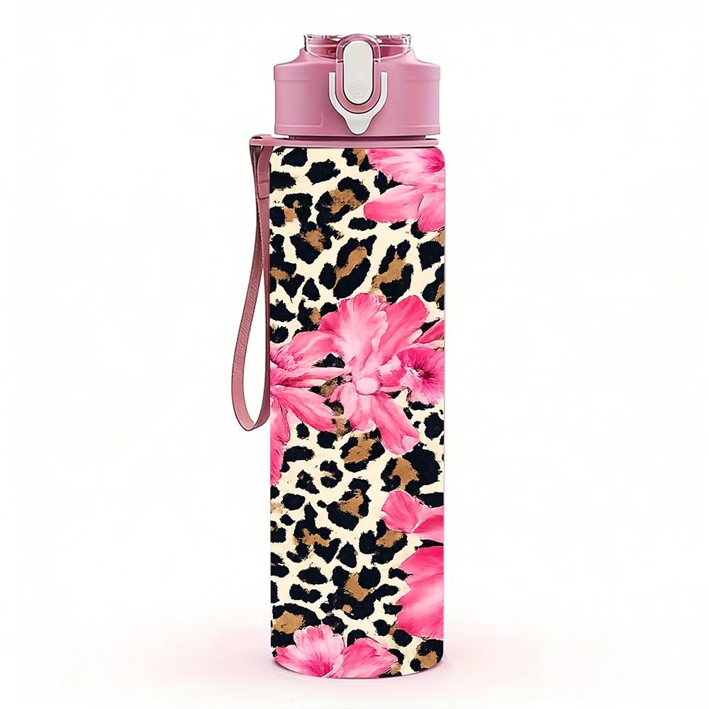 1PC Pink Floral Leopard Mixed Pattern Print 750ml Color Plastic Sports Water Bottle Leakproof Flip Straw Lid Suitable for Sports Office Home Use
