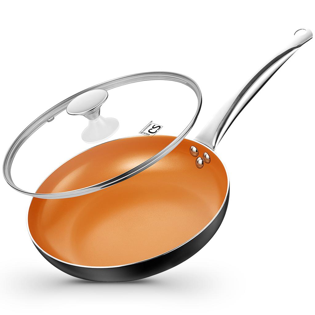 KOCH SYSTEME CS 8inch Copper Nonstick Frying Pan with Lid Resistant Ceramic Coating Skillet Chef Pan Induction Compatible