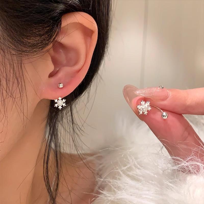 S925 silver needle stud earrings, popular snowflake earrings, fashionable rear hanging earrings.