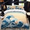 Bettbezug-Set im japanischen Stil, King-Size-Bett, Queen-Size-Bett, Ukiyo-e-Motiv, Wellenmuster, Polyester-Bettwäsche-Set, Fuji-Berg, exotischer Stil