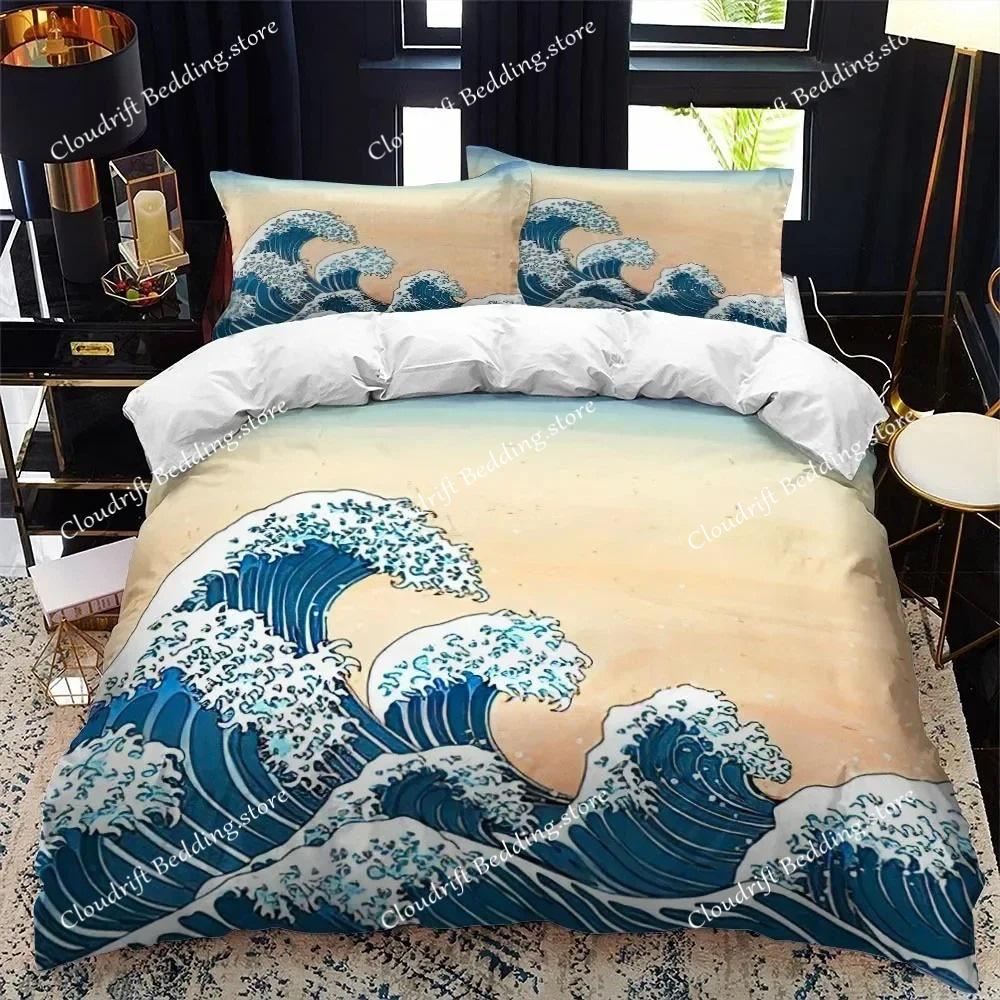 Bettbezug-Set im japanischen Stil, King-Size-Bett, Queen-Size-Bett, Ukiyo-e-Motiv, Wellenmuster, Polyester-Bettwäsche-Set, Fuji-Berg, exotischer Stil