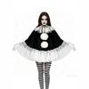 New Women Halloween Cosplay Costume Clown Pierrot Black White Lace Cape Poncho Suits Theme Party Role Playing Outfit for Adult