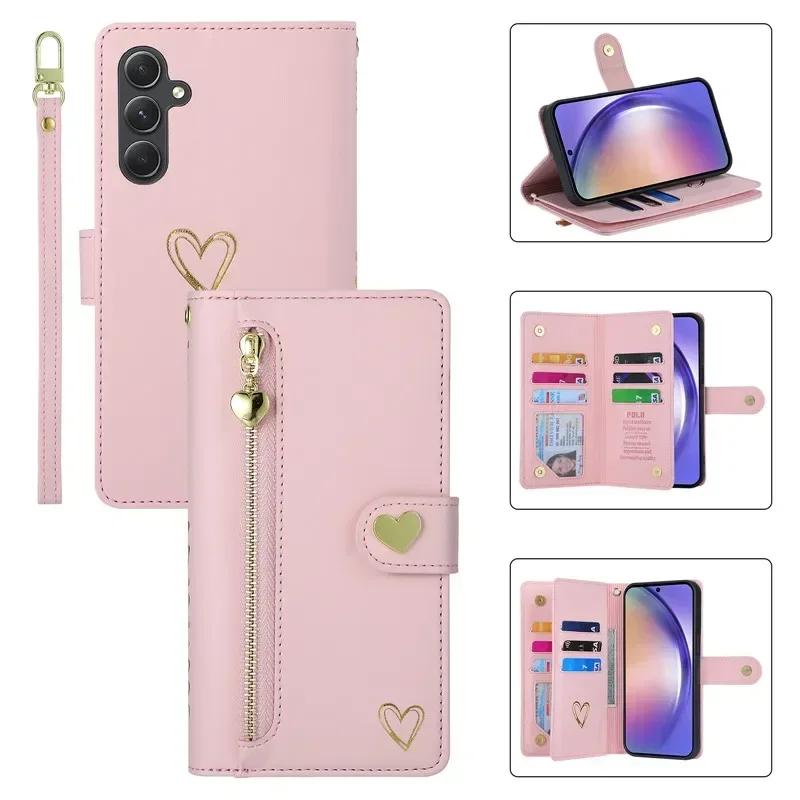 

Leather Zip Wallet Flip Phone Case For Samsung Galaxy S25 Ultra S24 Plus S23 S22 A56 A36 A26 A16 A55 A35 A15 RFID Strap Cover Galaxy S23+ рожевий