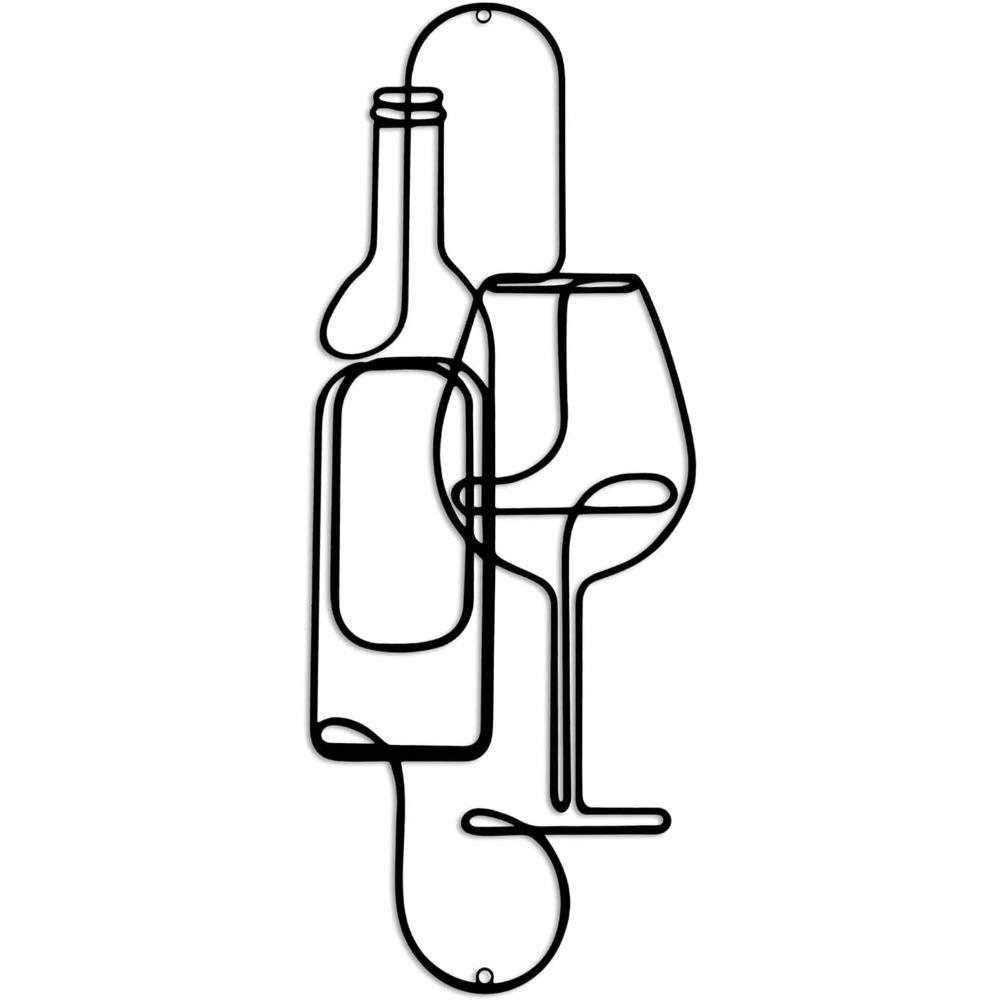Minimalistische Lijntekening Metaal Wanddecoratie Wijnflessen Glas Zwart Modern Bar Keuken Huis Kunst 15,75x5,98 Inch