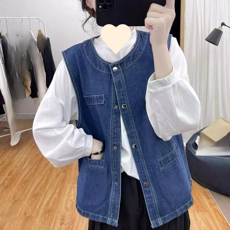 Herbst Rundhals Denim Weste Damen Locker Retro Altersreduzierende Bluse Allround Weste Ärmellose Jacke