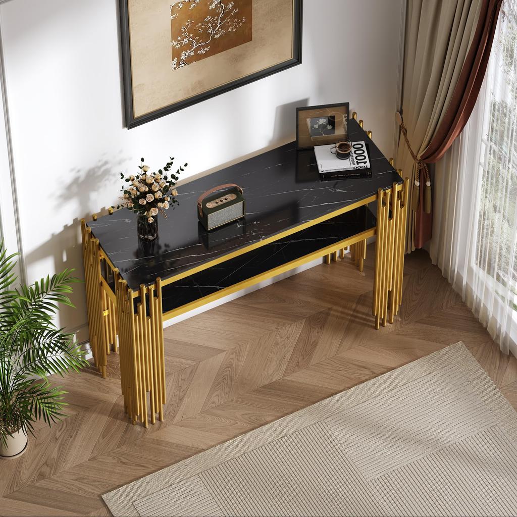 Console Table Two-tier Open Shelves, Small Narrow Sofa Table Living Room, Entrance, Hallway, Stable Metal Frame, 124cm, Black & Gold
