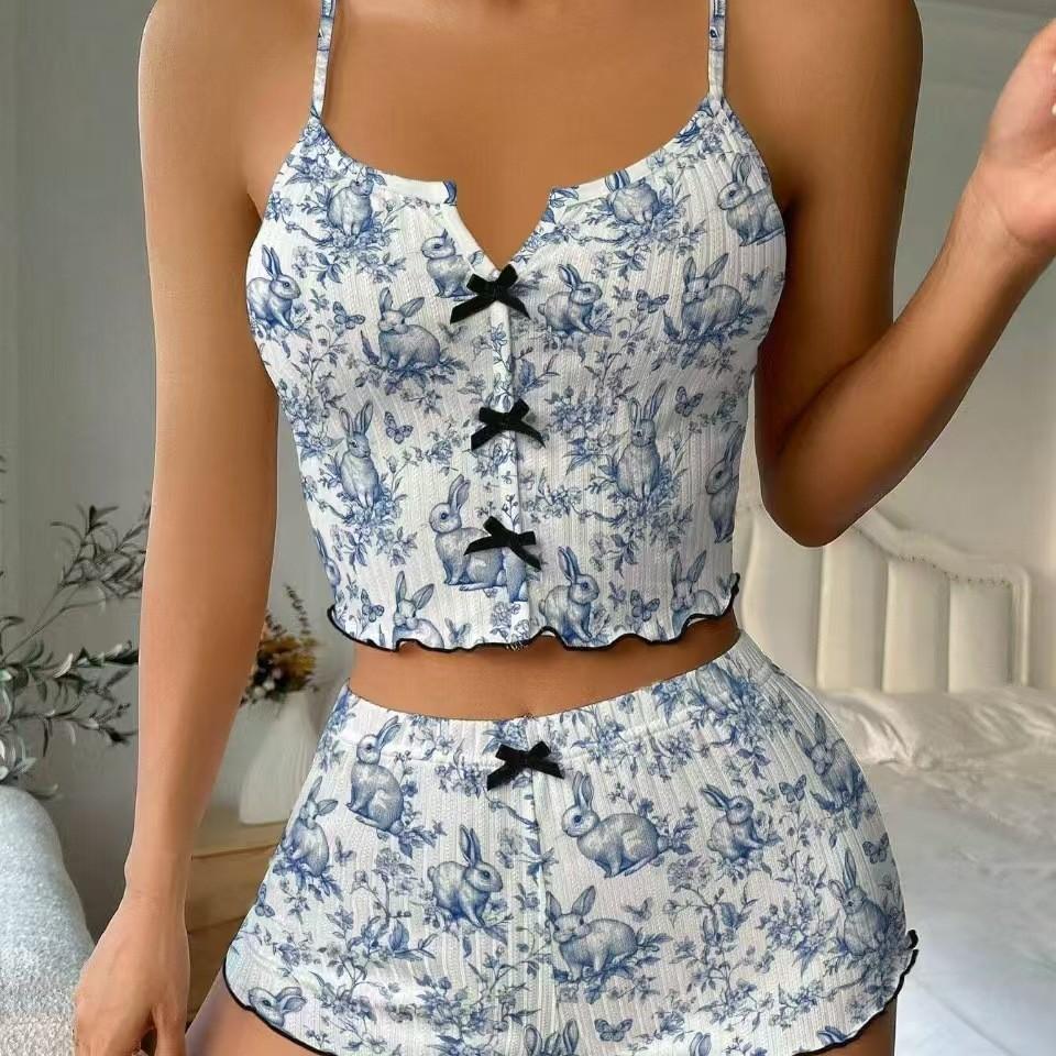 Set Sleepwear Women Pajamas Set Heart Print Soft Ribbed Fabric with Flirty Frill Trim Casual Cami Top and Short Set Loungewear