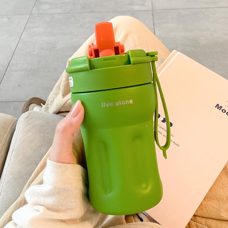 

Coffe Insulation Mug Stainless Steel Thermos with Straw Cold-Keeping Simple Style Leak-Proof Car Women General Gift Cup 400ML зелёный