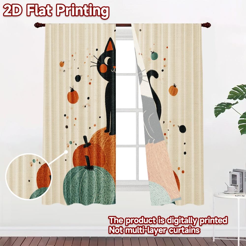 2D flat printing 2pcs Party Curtains Black Cat Pumpkins Cute Halloween Digital Printed Polyester Drapes Festive Wall Decor Use