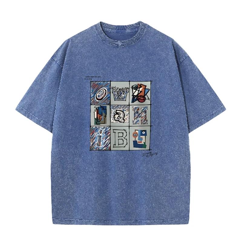 Retro Abstract Alphabet Art T Shirt Picasso Inspired Print Washed Casual Streetwear S