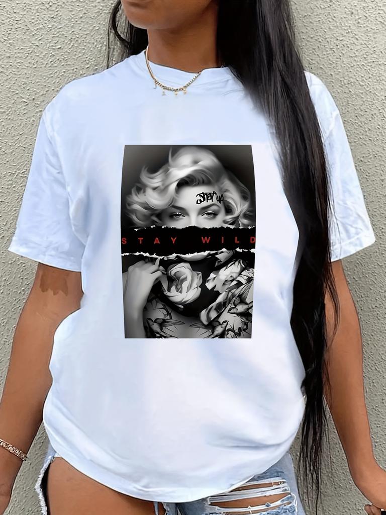 European Sizes Women'S Casual Crew Neck T-Shirt Graphic Design - Short Sleeve, Slight Stretch, Black Summer Tee for Casual Attire, Ladies T Shirts