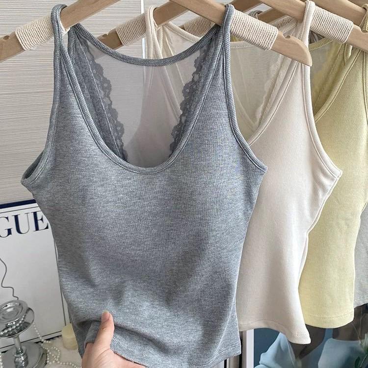 Sexy Ribbed Lace Tank Top with Padded Cups and Spaghetti Straps