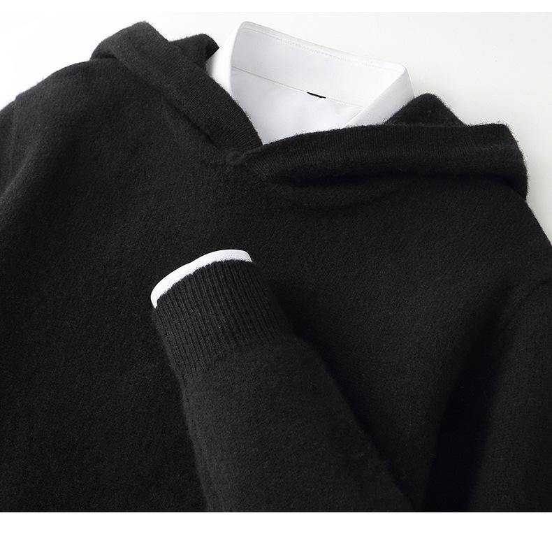 Men's 100% Pure Wool Knit Hoodie - Long Sleeve Solid Color Pullover for Autumn/Winter