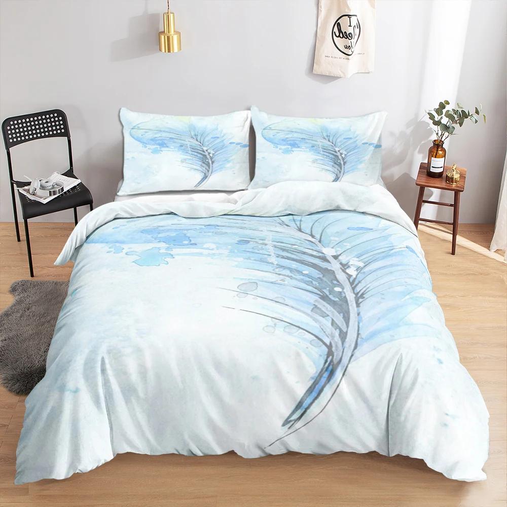 3D Feather King Queen Duvet Cover Blue Bohemian Bird Feather Full Twin Bedding Set Peacock Feather 2/3pcs Polyester Quilt Cover