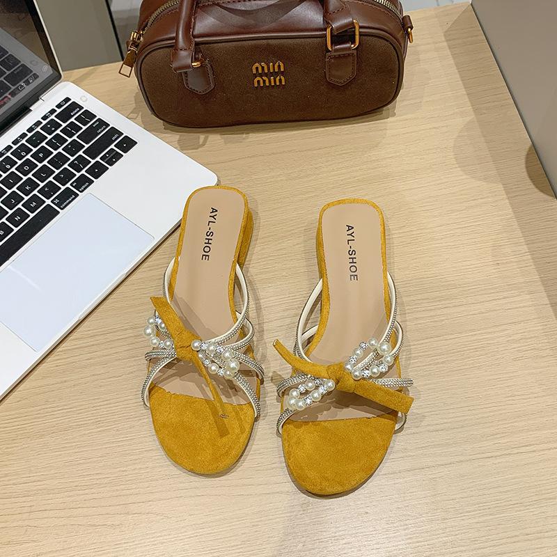 Round head beautiful rhinestone thick heel sandals women's slippers women's summer wear bow pearl small toe