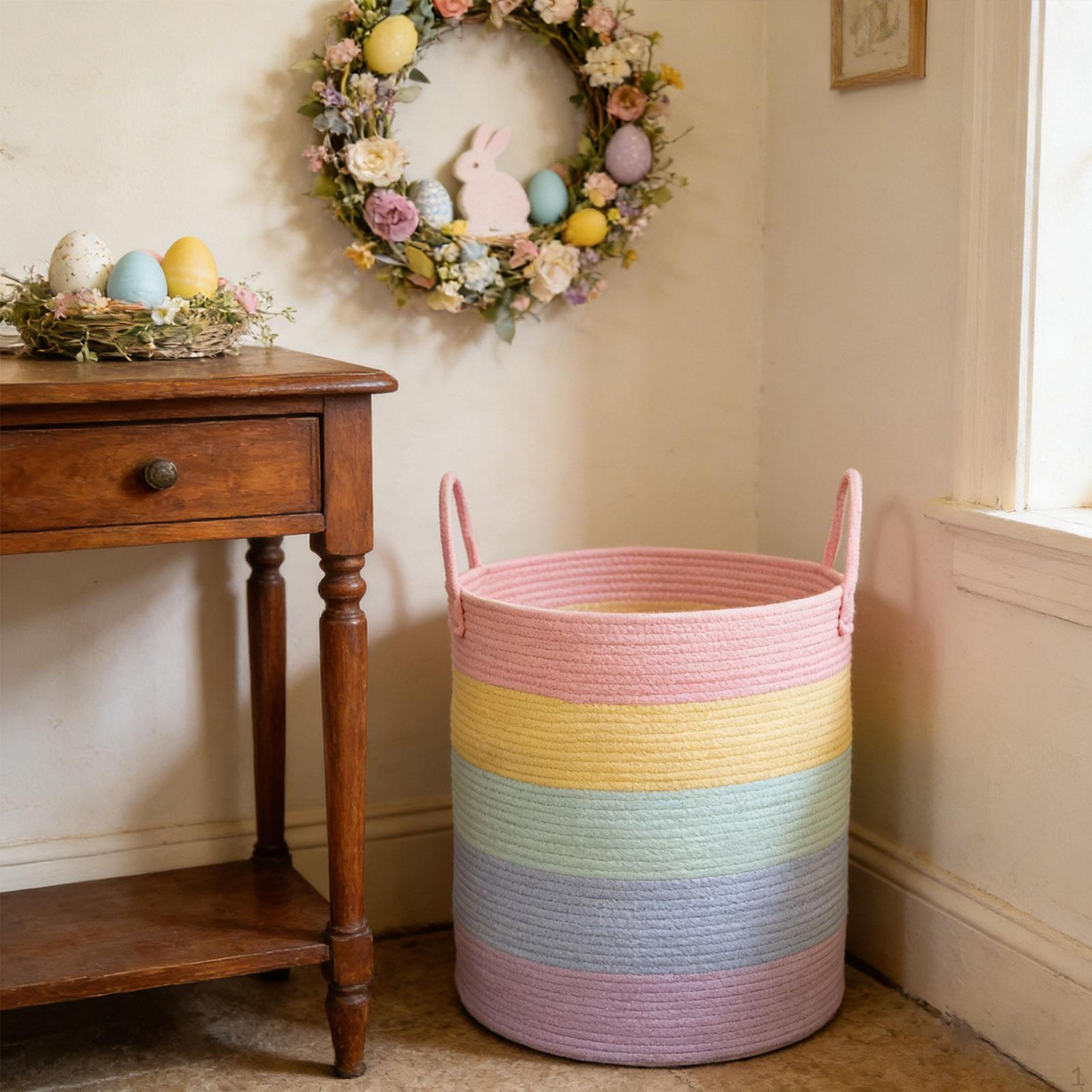 Nursery Hamper Rainbow Striped Storage Basket with Handles Woven Laundry for Apartments 5 Colors