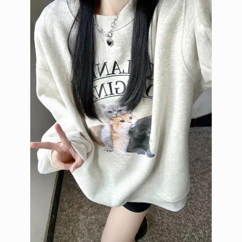 Silver Fox Velvet Pure Cotton Women's Retro Cat Print Sweatshirt - Round Neck, Loose Fit, Autumn Winter Casual Style.