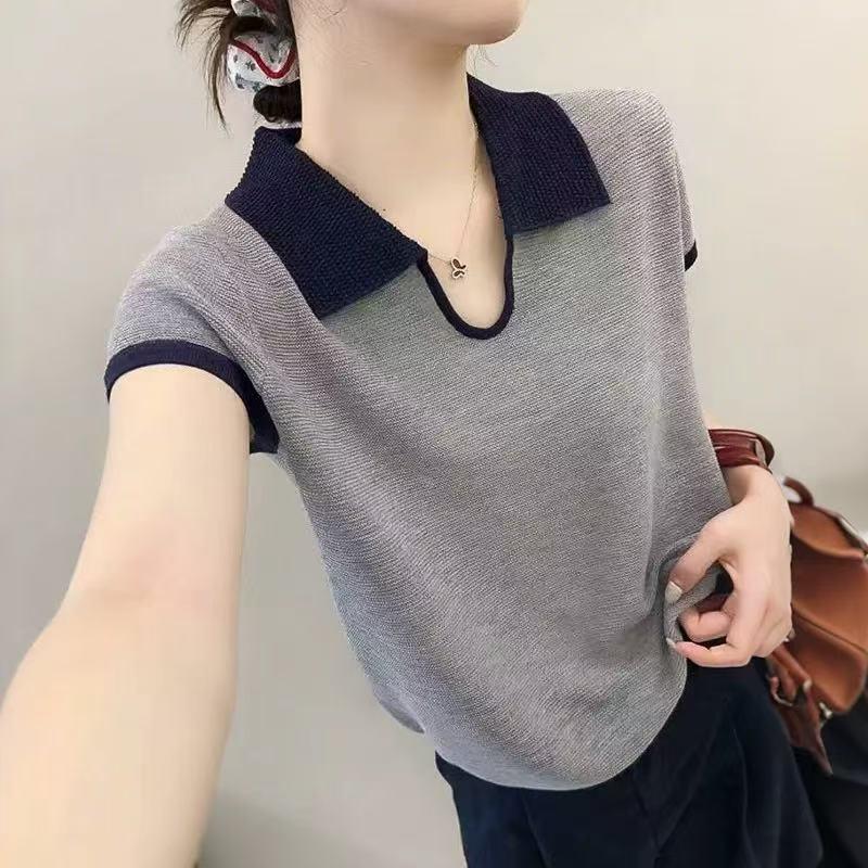 Korean Style Color-Block Polo Collar Knit Cropped T-Shirt One Size