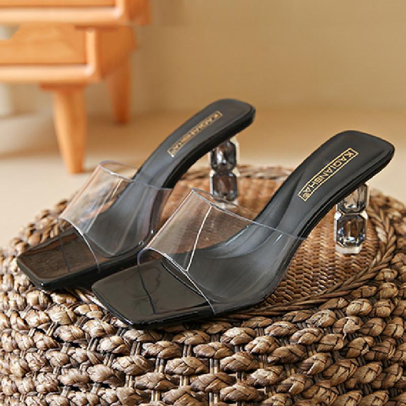 Fashion Luxury Rhinestone Thin Heel Women Sandals Transparent PVC Square Toe Slide Sandals Summer Fashion Sexy Open Toe Designer Shoes