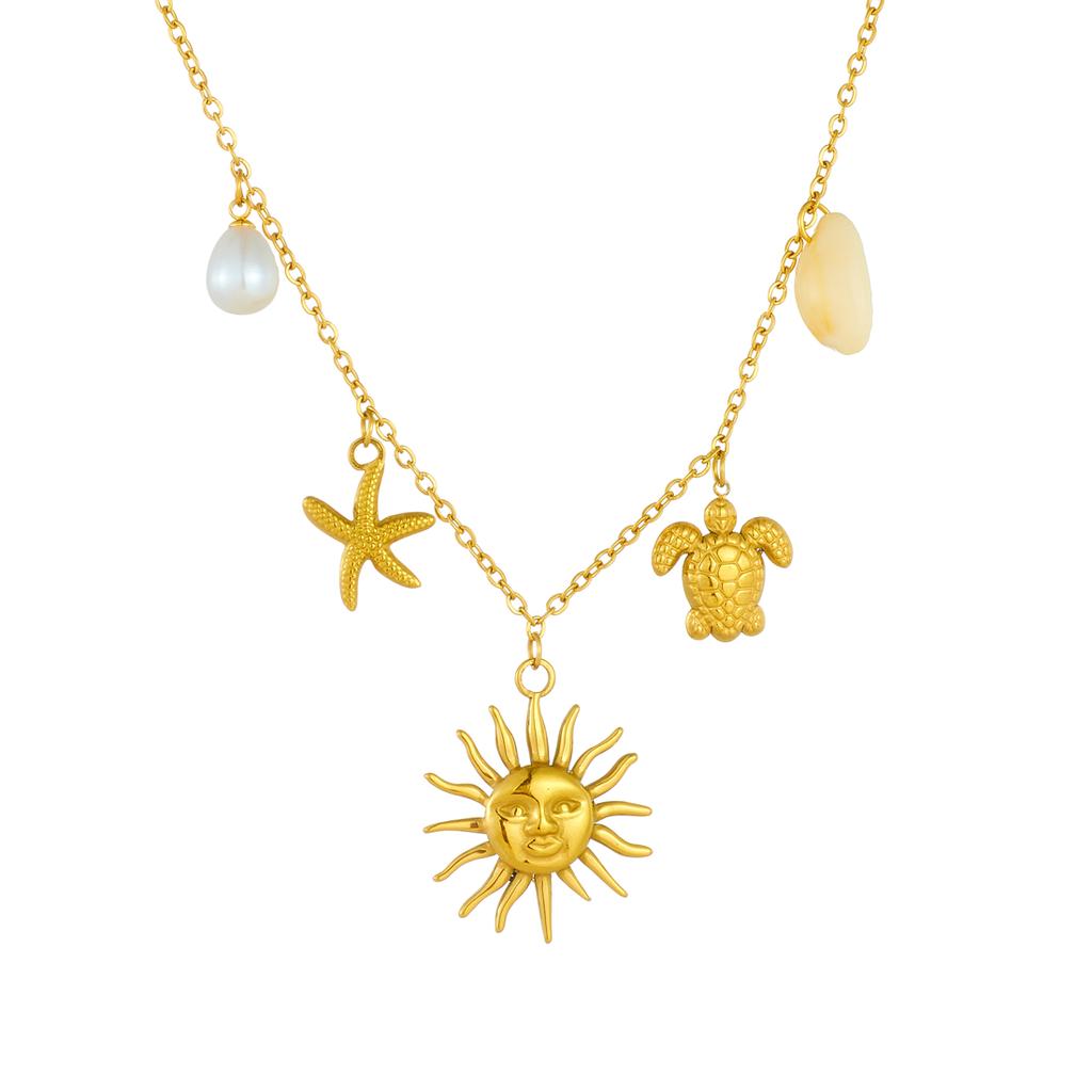 316L Stainless Steel Ocean Style Starfish Tortoise Shell Face Sun Pendant Necklace Women Noble Elegant Neck Chain Gifts