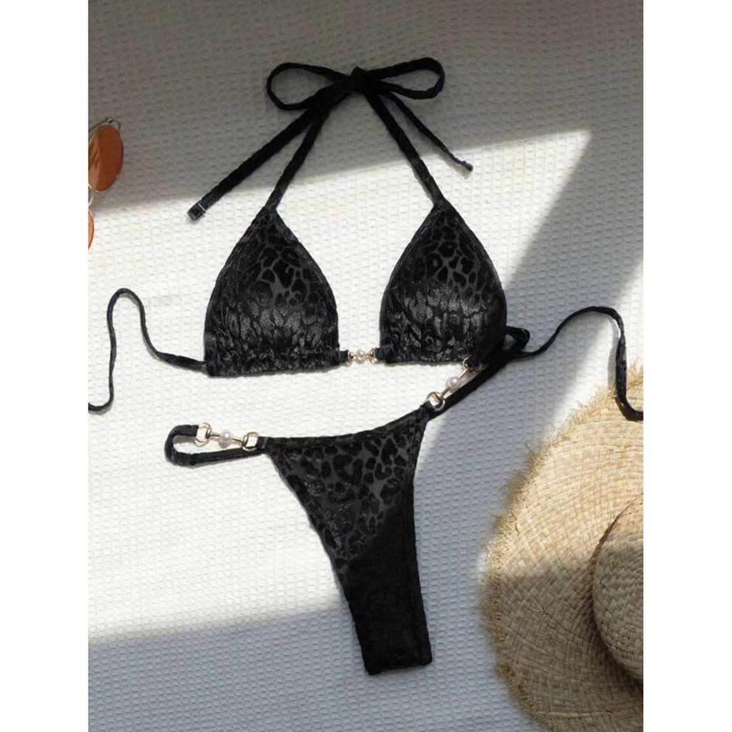 S - XL Leopard Pearl Mini Micro Thong Bikini Female Swimsuit Women Swimwear Two-piece Bikini Set Bather Bathing Suit Swim V5207B