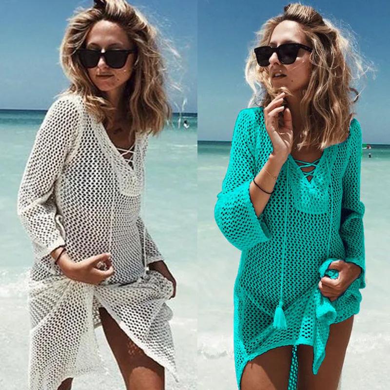 2025 New Beach Cover Up Bikini Crochet Knitted Tassel Tie Beachwear Summer Swimsuit Cover Up Sexy See-through Beach Dress
