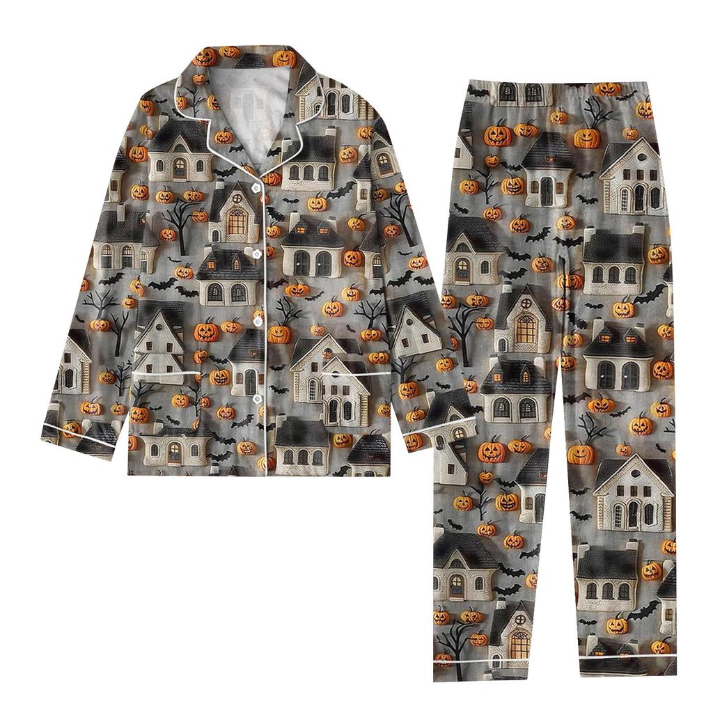 2-teiliger bedruckter Damen-Anzug, langärmelig, Oberteil mit Knopfleiste, weite Hosen, Anzug-Set, Schlafanzug, Home-Casual-Anzug