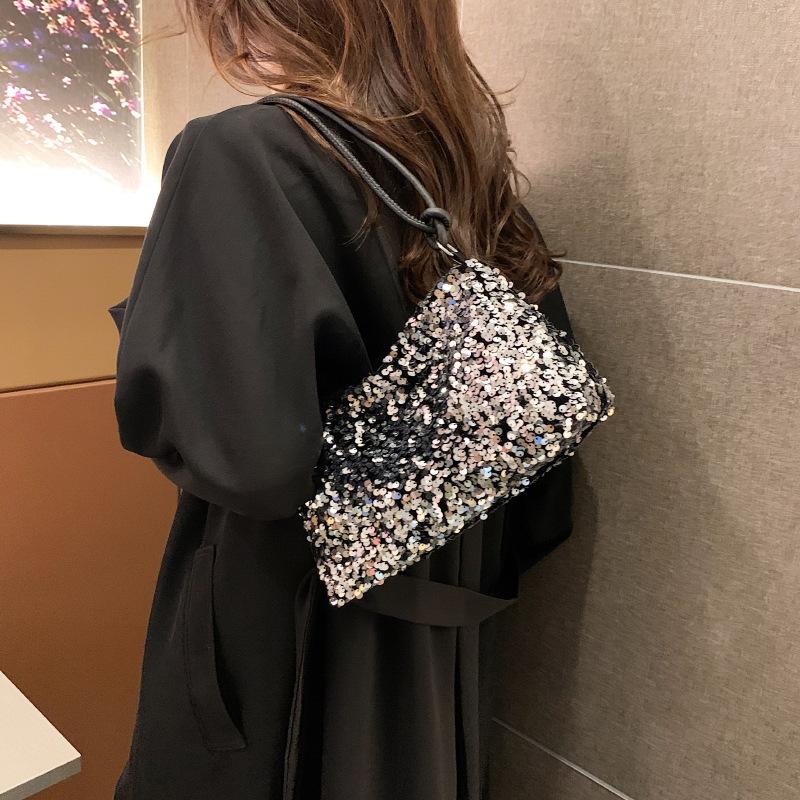 Summer New Texture Casual Foreign Sequined Shoulder Bag Personalized Ins Simple Messenger Large Capacity Baguette Bag Women's Bag