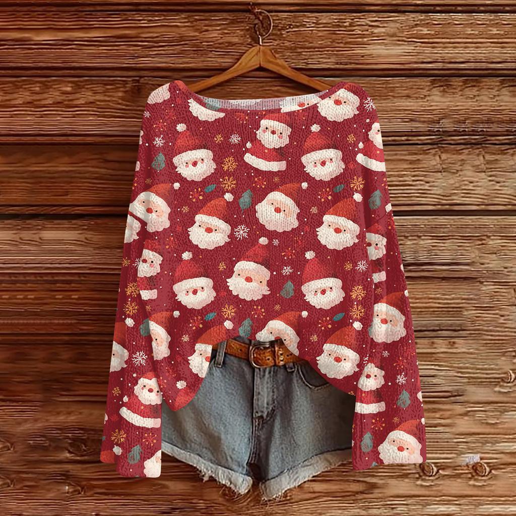 Damenmode Weihnachtsdruck Leichter Pullover Lässig Langärmlig Strick-Pullover-Oberteil