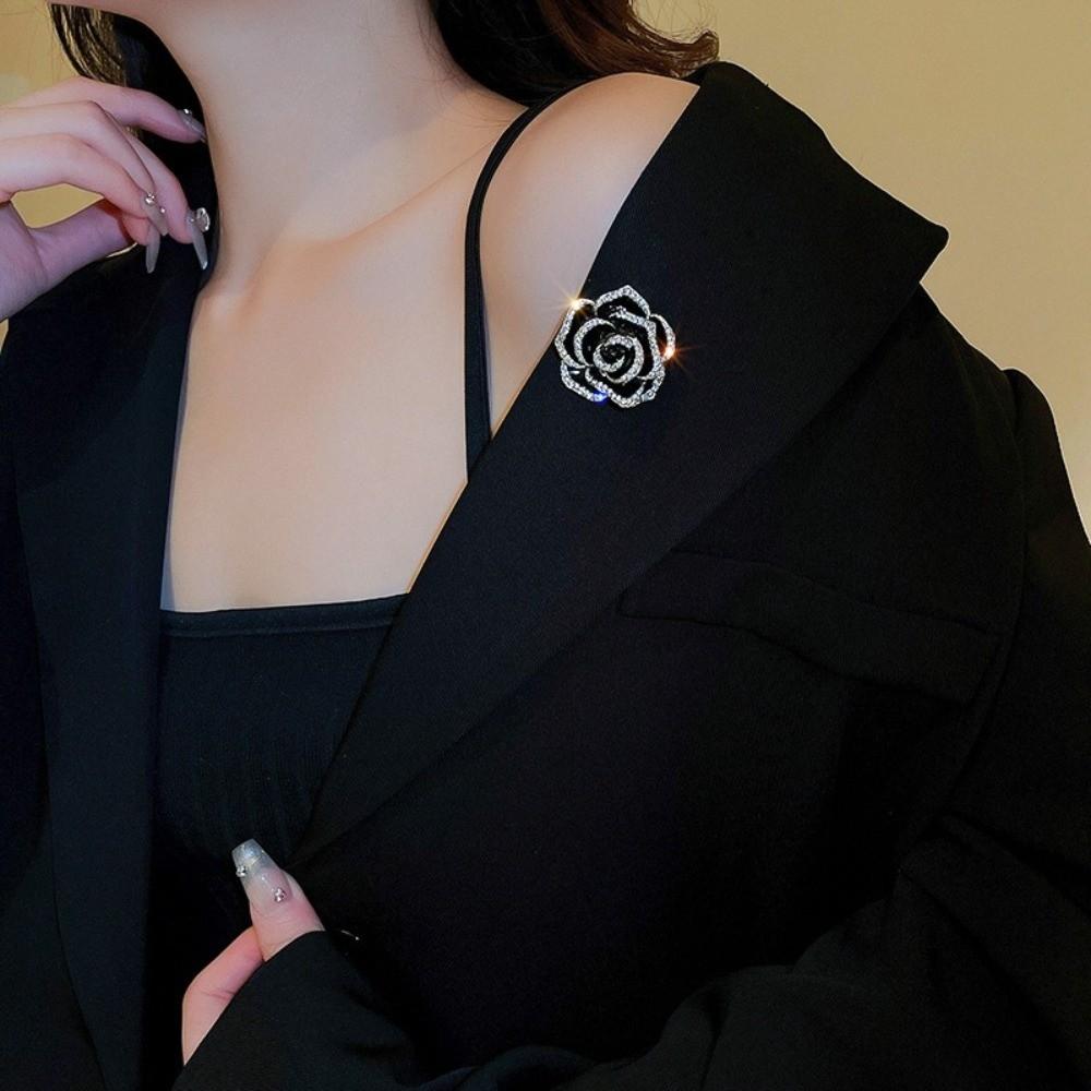 Silver Camellia Necklace Black Women Long Necklace Sweater Chain Clavicle Chain  Women