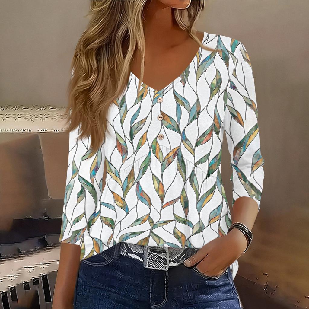 Women 3/4 Sleeve V Neck Button Detail Floral Print Tunic Top Casual Lightweight Blouse for Everyday Wear