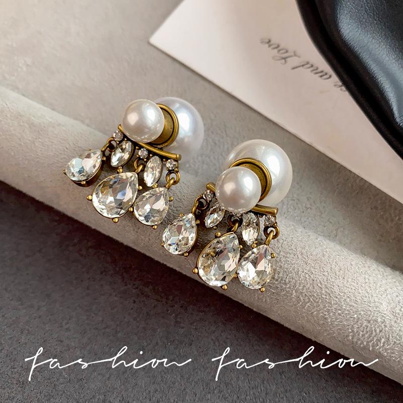 Sterling silver double-sided pearl fringed retro earrings women s small earrings exquisite super fairy temperament earrings advanced