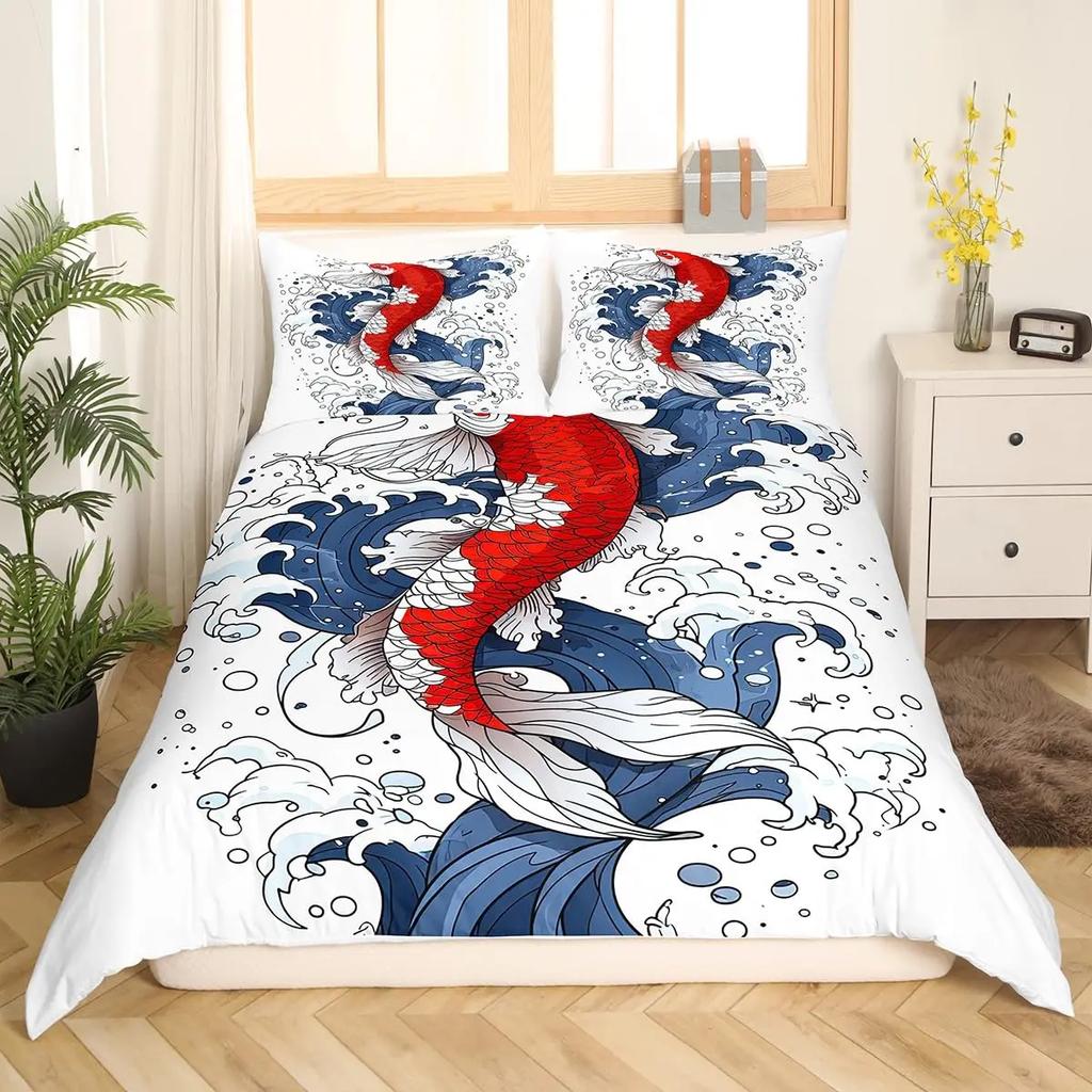 Japanese Goldfish Duvet Cover Set Fantasy Yin Yang Cherry Blossom Flowers Comforter Cover Set Blue Sea Wave Breathable Bedding