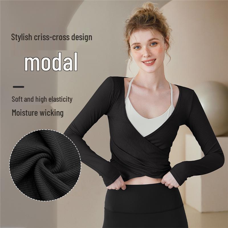 

Women s V-neck Long Sleeve Ruched Yoga Top L чорний