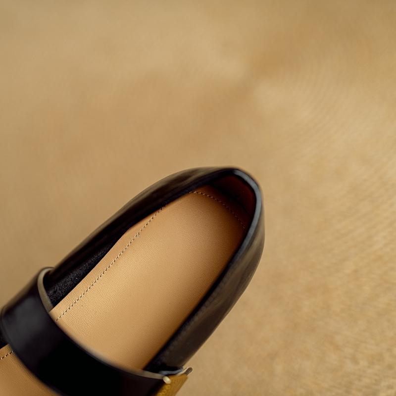 Fashion Women's New Leather Cowhide Round Head Metal Belt Buckle with Raised Center Heel Mary Jane Casual Single Shoe