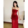 # Sisjuly# Flamenco Kiss Elegant Strapless Dress Cinched Mesh Patchwork Long Dress Red Dress Female