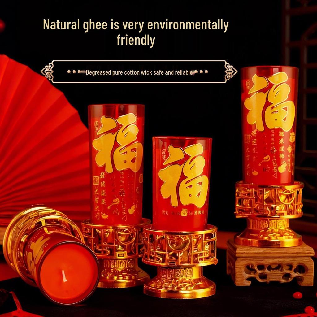 Tribute Candles for Wealth Offering: Red Ghee Smokeless God of Wealth Lamp