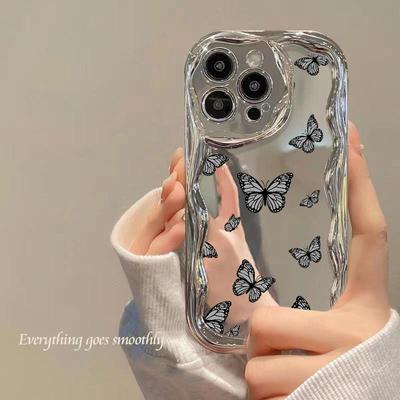 Glänzende Beschichtung Schmetterling Liebe Herz Muster Fall Für iPhone 15 14 Pro 13 Pro Max 12 11 Welle Rahmen Weiche Stoßfest Objektiv Schutz Spiegel Telefon Abdeckung