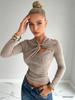 European-American Soft Asymmetrical Long Sleeve T-shirt with Hollow Metal Buckle for Women - Spring/Summer