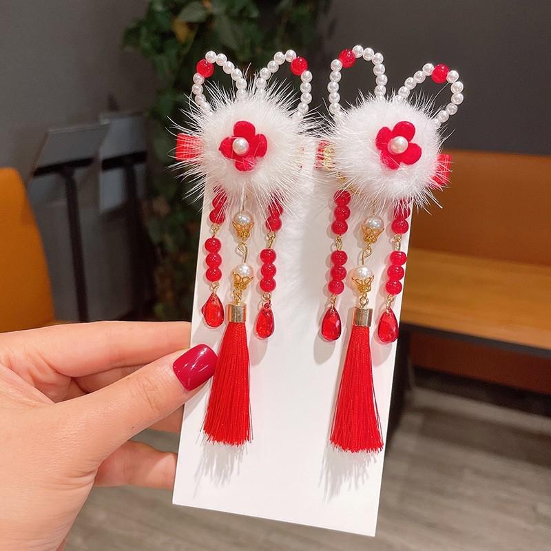 Red New Year Hanfu Hair Clips for Girls - Chinese Style Floral Headwear
